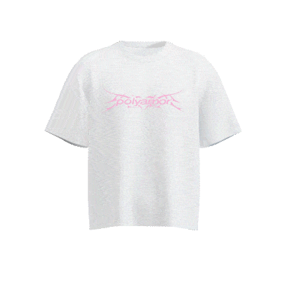 Weißes Shirt mit pinkem Polyamor Logo – Streetwear vom Trance- und Bouncelabel Polyamor Berlin