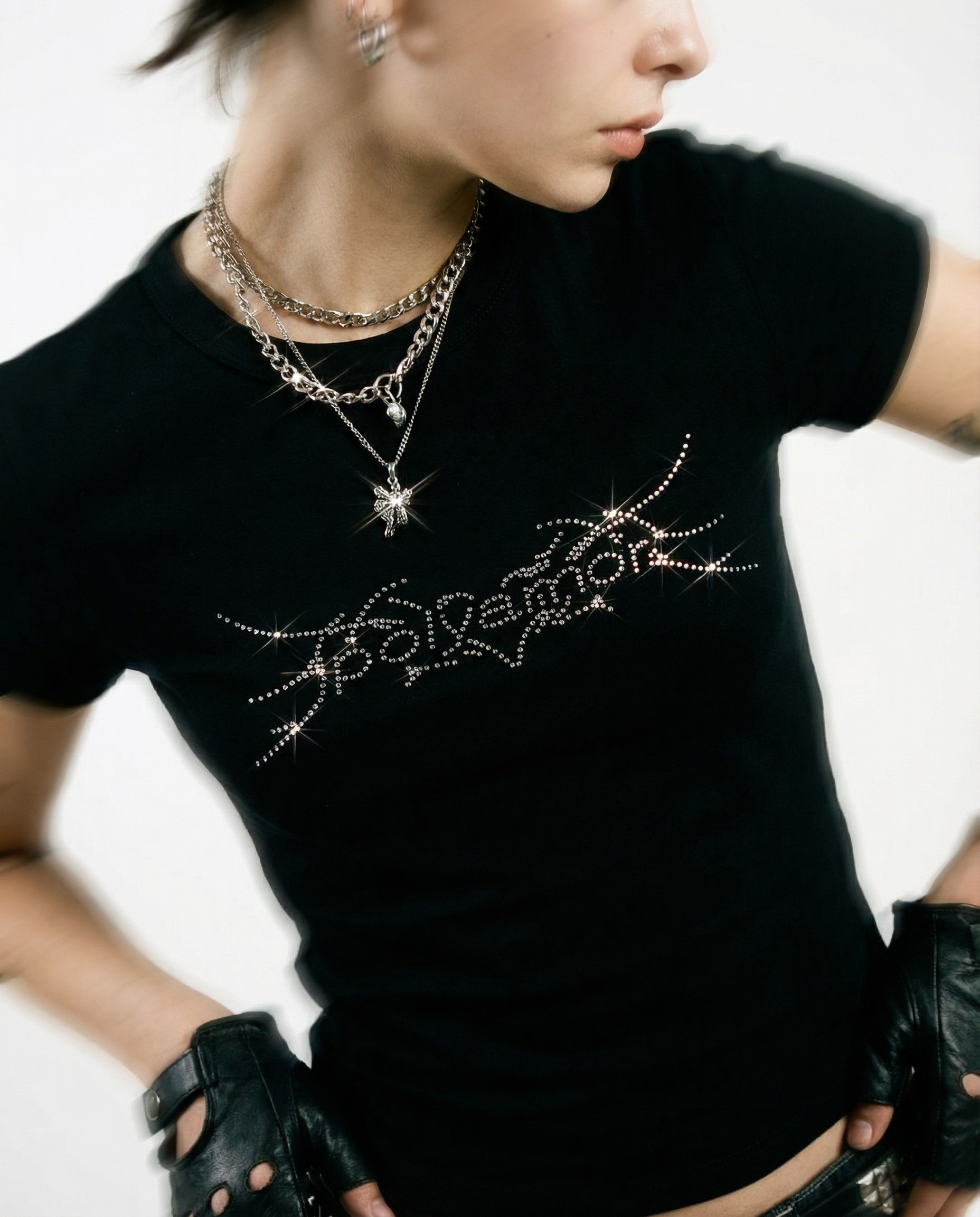 Rhinestone Baby Tee - black
